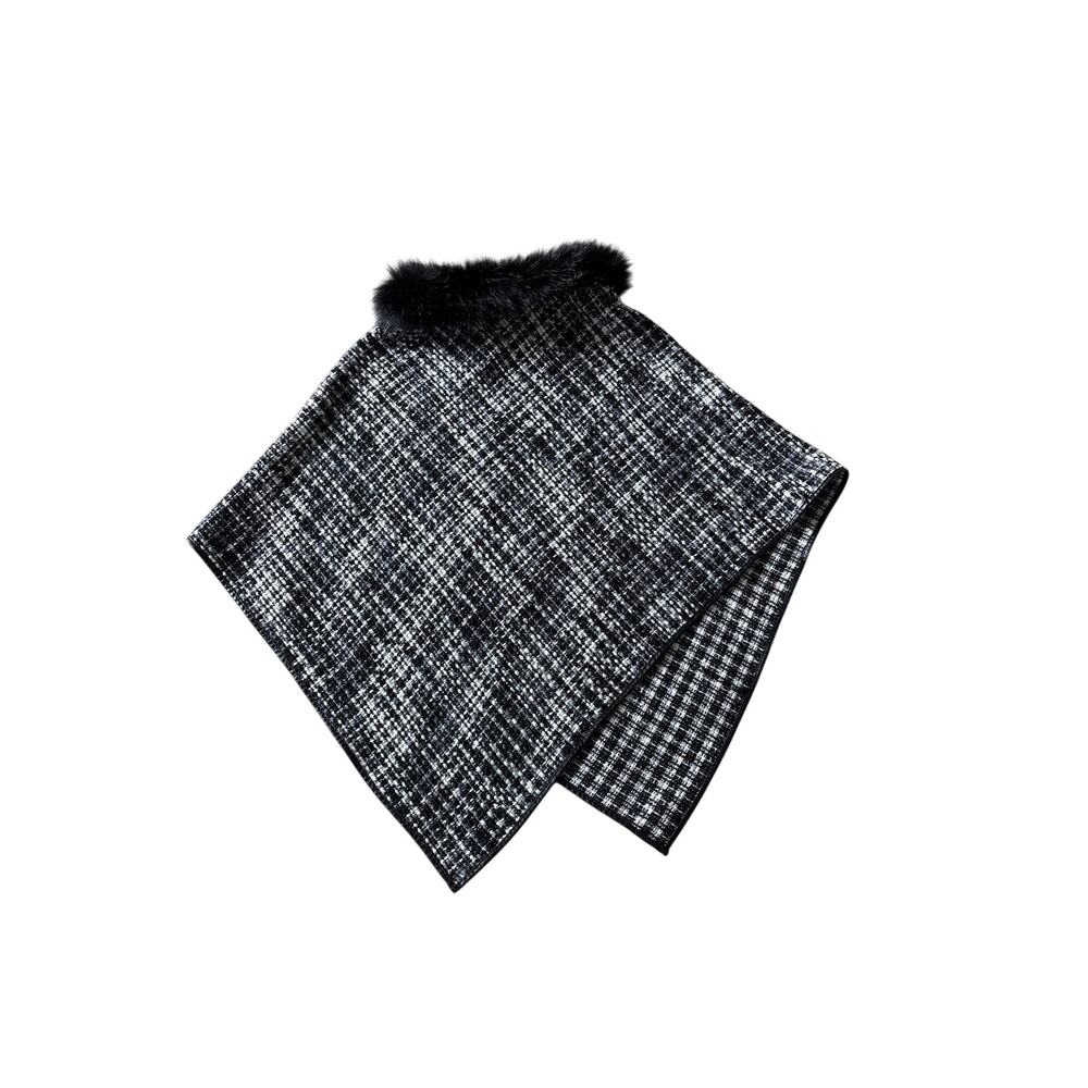 Black White Tweed Poncho Wrap Cape Faux Fur Collar One Size American Girls Style